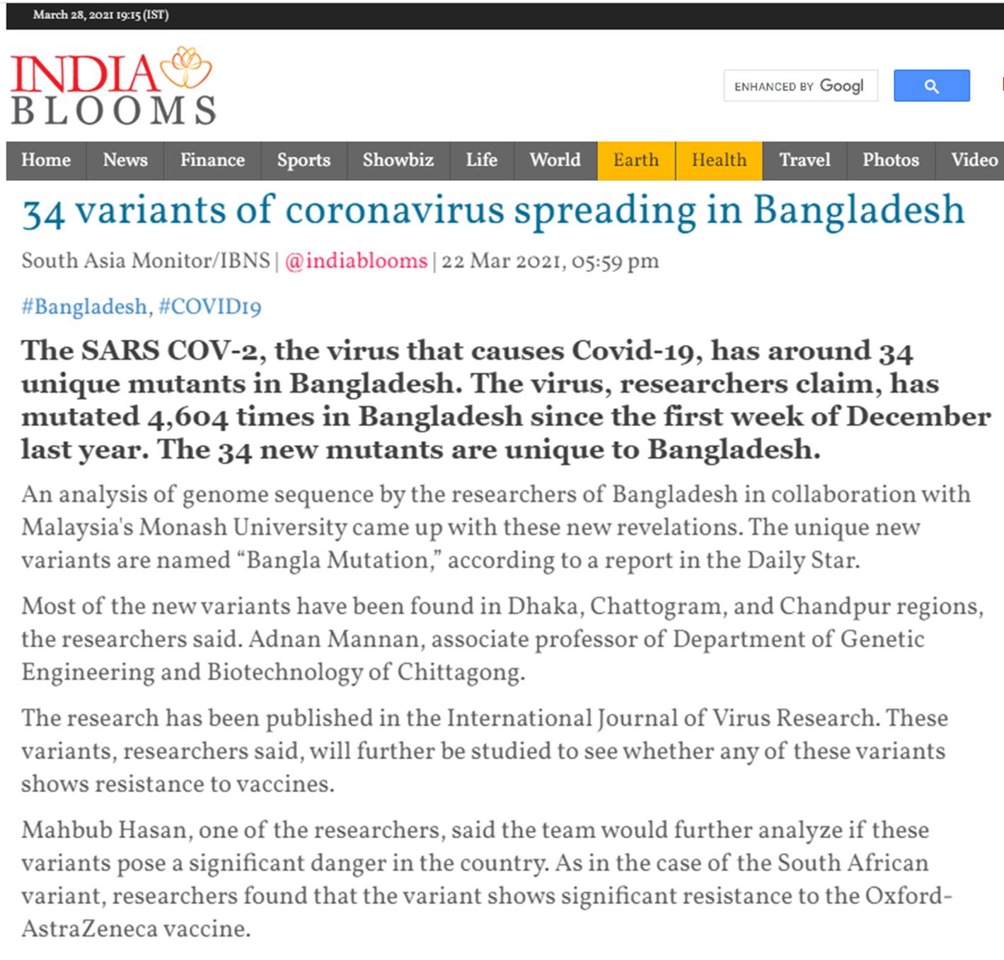 Covid-19 Virus In Bangladesh: dBme researchers find 34 unique mutations